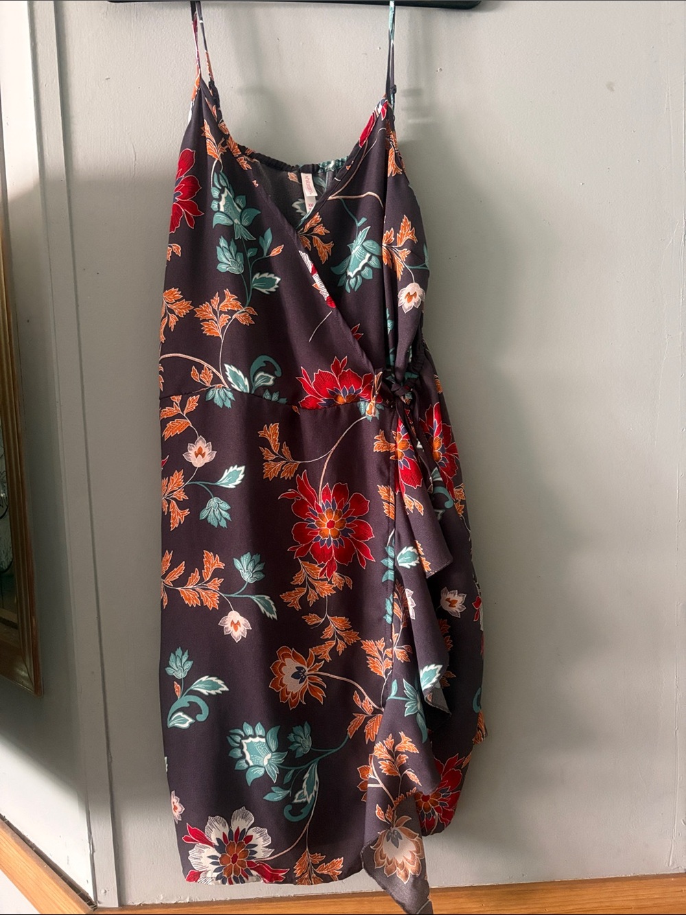 Xhilaration Black Midi Dress with Red, Teal & Orange Floral Print